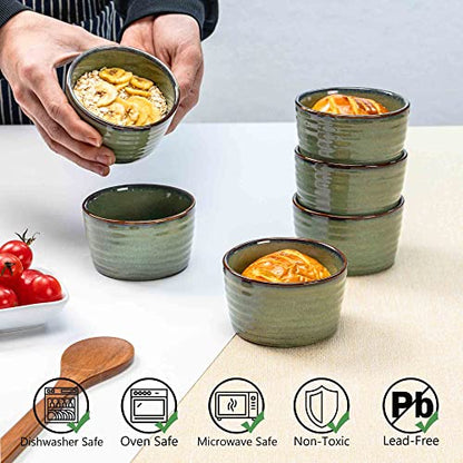 Henten Home Ceramic 8 oz Ramekins Set, Porcelain Souffle Ramekins Set of 6, Creme Brulee Ramekins for Baking, Ice Cream, Pudding, Oven & Microwave Safe Small Bowls, Stackable (Green)