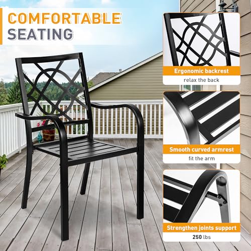 SUNCROWN 8-Piece Outdoor Wrought Iron Chairs and Table Patio Dining Furniture Set-6 Stackable Metal Chairs, 1 Steel Slat Bistro Table and 1 Dark Blue 9Ft Patio Umbrella for Garden Backyard Deck