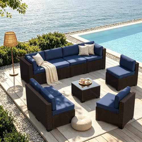 SHGJ&SOFT 9 Piece Patio Furniture Set, Modular Sectional Sofa， Blue
