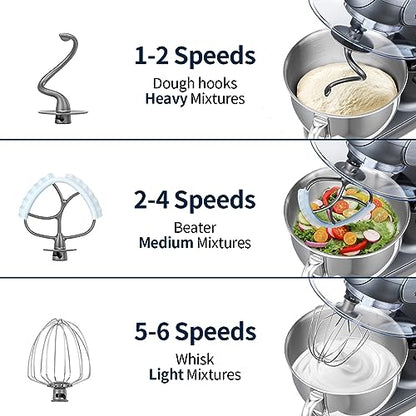 GEFT Stand Mixer, 6 QT 600W Tilt-Head Dough Mixer, 6+P speed Mixers Kitchen Electric Stand Mixer with Stainless Steel Bowl, Dishwasher-Safe Dough Hook, Flat Beater, Wire Whisk, Splash Guard, Grey