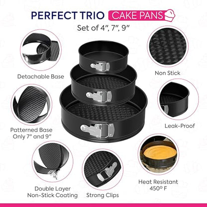 Riccle 148PCs Cake Pan Set for Baking, 3 Non-Stick Springform Pan Set (4, 7, 9 Inches), Cake Decorating Kit, Piping Bags and Tips Set, Cake Leveler, Multi-functional Leak-Proof CheeseCake Pan (148)