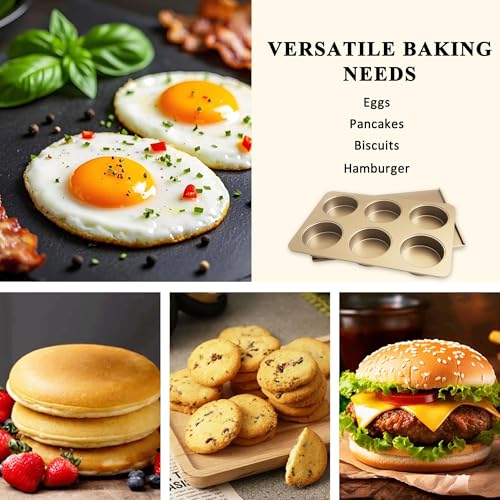 JSJMOFA 6 Cup English Muffin Pan with Sliding Lid, Nonstick Carbon Steel Hamburger Bun Mold, 2-in-1 Proof & Bake Pan for Breakfast Egg Sandwiches, Quiches, and Meal, 3.35 Inch Cavities