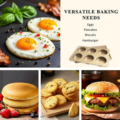 JSJMOFA 6 Cup English Muffin Pan with Sliding Lid, Nonstick Carbon Steel Hamburger Bun Mold, 2-in-1 Proof & Bake Pan for Breakfast Egg Sandwiches, Quiches, and Meal, 3.35 Inch Cavities
