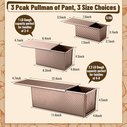 BAISHUN 3 Pack Pullman Loaf Pans with Lids, 2.2LB 1LB 0.5LB Bread Pans, Non-stick Carbon Steel Bread Pans for Homemade Sandwich and Baking Sourdough Bread, Corrugated Toast Mold, Golden