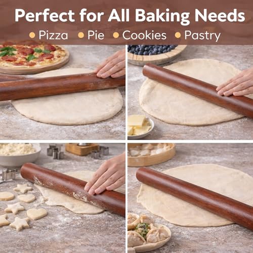 17 Inch French Rolling Pin, Wooden Dough Roller for Baking, Solid Wood Tapered Rolling Pin for Pizza, Pie Crust, Cookies, Pastry, Non-Stick, Easy Control Kitchen Baking Tool, African Rosewood