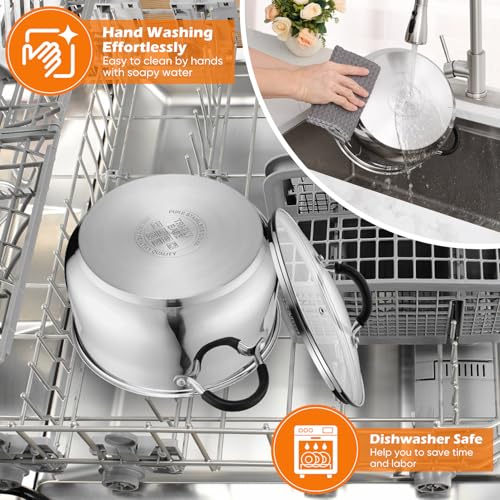 P&P CHEF Stainless Steel Stock Pot, 8 Qt Cooking Soup Pot with Visible Lid for Pasta, Tri-Ply Bottom & Dual Heatproof Handles, For Induction Gas All Stoves, Non-Toxic & Dishwasher Safe