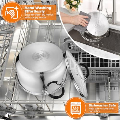 P&P CHEF Stainless Steel Stock Pot, 8 Qt Cooking Soup Pot with Visible Lid for Pasta, Tri-Ply Bottom & Dual Heatproof Handles, For Induction Gas All Stoves, Non-Toxic & Dishwasher Safe