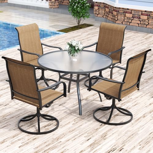Anmutig 5-Piece Outdoor Patio Dining Set, 40" Round Glass Table with 4 Swivel Rocking Patio Chairs Furniture Set for Kitchen Garden, Backyard, Brown