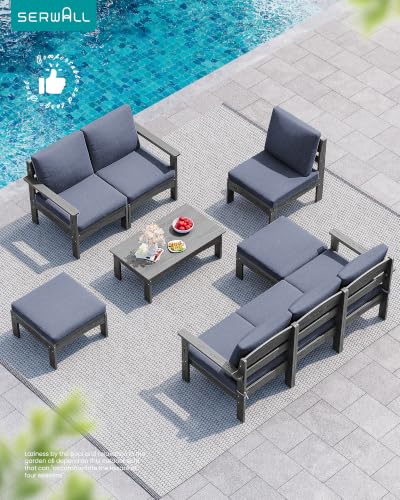 SERWALL 9 Pieces Patio Sofas, HDPE Outdoor Sectional Sofa Couch Set, Grey