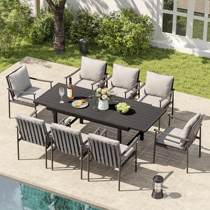 HAPPATIO 9-Piece Aluminum Patio Dining Set,Aluminum Outdoor Dining Set with Cushions,8 Dining Chairs with Expandable Table with Umbrella Hole for Lawn, Garden, Backyard