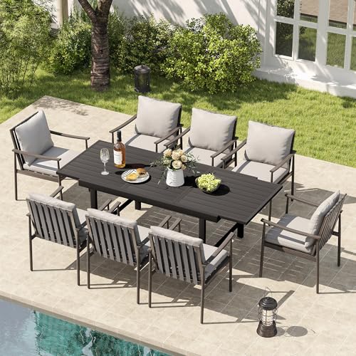 HAPPATIO 9-Piece Aluminum Patio Dining Set,Aluminum Outdoor Dining Set with Cushions,8 Dining Chairs with Expandable Table with Umbrella Hole for Lawn, Garden, Backyard
