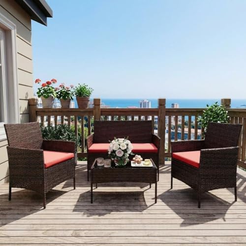 GarveeHome Modern 4-Person Outdoor Bistro Set with Tempered Glass Table – Weather-Resistant PE Rattan & Iron Frame Patio Furniture, Thick Red & Brown Polyester Cushions for Garden, Balcony, Deck