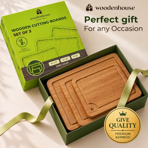 Wooden Cutting Board Set of 3 - Thick & Durable Bamboo Wood Cutting Boards for Kitchen - with Deep Juice Grooves & Built-In Handles - Large Surface, Easy to Clean - for Meat, Vegetables and Fruits