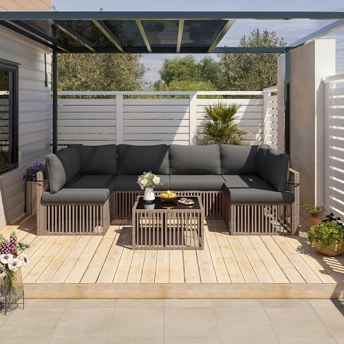 Pamapic 7 Piece Outdoor Sectional Sofa Set, All-Weather Patio Furniture with Washable Cushions, Waterproof Brown Rattan Wicker Conversation Set for Backyard, Poolside, Gray Cushion