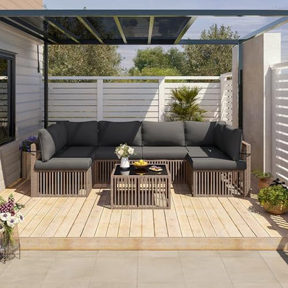 Pamapic 7 Piece Outdoor Sectional Sofa Set, All-Weather Patio Furniture with Washable Cushions, Waterproof Brown Rattan Wicker Conversation Set for Backyard, Poolside, Gray Cushion