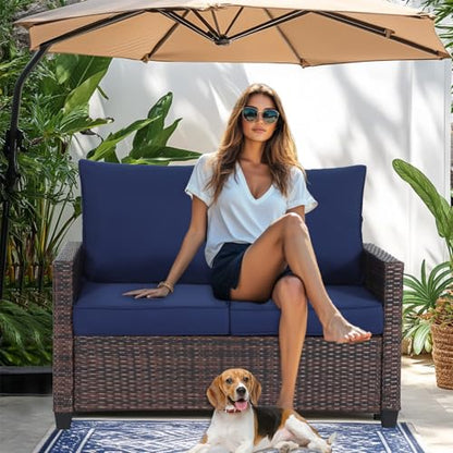 EortheX Patio loveseat 2-Seat Rattan Wicker Sofa,Blue,for Deck Garden