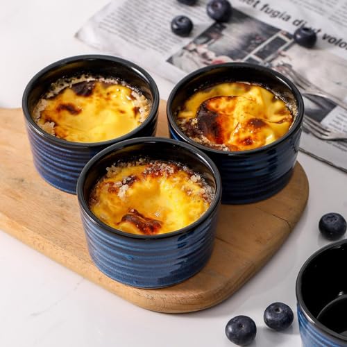 Tikooere Ceramic 4 oz Ramekins Set of 6, Oven Safe Small Creme Brulee Ramekins for Baking, Blue Dipping Bowls for Custard, Ice Cream, Pudding, Porcelain Sauce Cups, Mini Souffle Dish, Microwave Safe