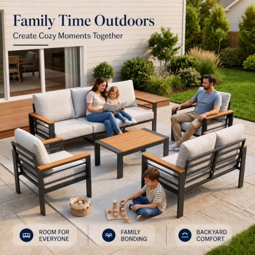 Relax Tree Aluminum Outdoor Patio Furniture, 5 Piece 7-Seat Conversation Set with 2 Chairs, Loveseat, 3-Seat Sofa and Coffee Table, Thick Cushions, Waterproof Covers, Gray