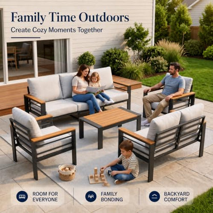 Relax Tree Aluminum Outdoor Patio Furniture, 5 Piece 7-Seat Conversation Set with 2 Chairs, Loveseat, 3-Seat Sofa and Coffee Table, Thick Cushions, Waterproof Covers, Gray