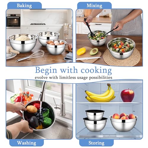 LIANYU Mixing Bowls with Lids Set of 3, Large & Small Stainless Steel Nesting Metal Bowls for Kitchen Storage, Dishwasher Safe, Size 1.5QT & 3QT & 4.6QT, Black