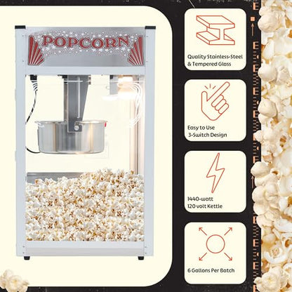 Majestic Popcorn Machine - 16oz Stainless Steel Kettle Makes up to 96 Cups - Electric Popcorn Popper Machine with Scoop, Measuring Cups, Serving Bags and Buckets by Superior Popcorn Company
