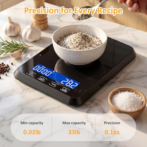 Letron Food Scale, 33 lb / 0.1 oz High Precision Kitchen Scale for Sourdough Bread, Built-in 7 Units, Timing & Tare Function, Rechargeable Digital Kitchen Scale for Food, Baking, Cooking
