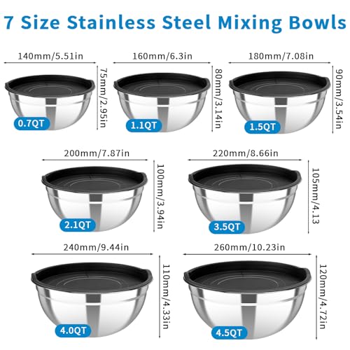 YJSLICT Stainless Steel Mixing Bowls with Lids Set, 7 Pcs Nesting Design Metal Mixing Bowls Salad Bowl for Mixing, Prepping and Serving Food(Size4.5-0.7QT)