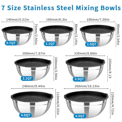 YJSLICT Stainless Steel Mixing Bowls with Lids Set, 7 Pcs Nesting Design Metal Mixing Bowls Salad Bowl for Mixing, Prepping and Serving Food(Size4.5-0.7QT)