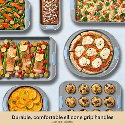 Pyrex 3-Piece Metal Cookie Sheet Bakeware Set, Lightweight Stainless Steel Baking Trays with Heatsafe Silicone Handles, Cookie Sheet Baking Pan, Cerulean