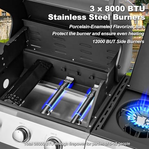 MELLCOM Upgraded 36,000 BTU Stainless Steel Burner Barbecue Grill, 3 Burner BBQ Propane Gas Grill with Cast Iron Grates & Side Stove for Patio, Camping, Outdoor Cooking