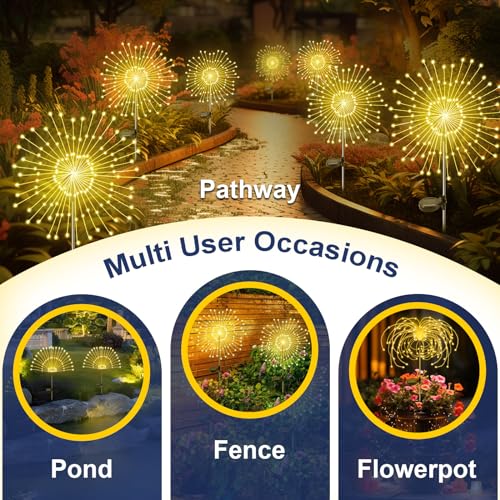 YaaFen Solar Garden Lights Outdoor, 2 Pack 120 LED Twinkling Firework Lights Decorative with 2 Modes, Outdoor Waterproof Solar Starburst Light for Outside Yard Pathway Garden Decor, Warm White
