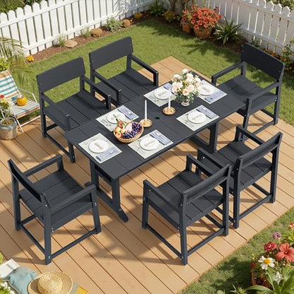 Shintenchi 7 Pieces Outdoor Dining Set,HDPE Outdoor Table and Chairs Set for 6,All Weather Patio Furniture Sets with Umbrella Hole,Modern Wooden Textured Dining Sets for Backyard,Garden,Black