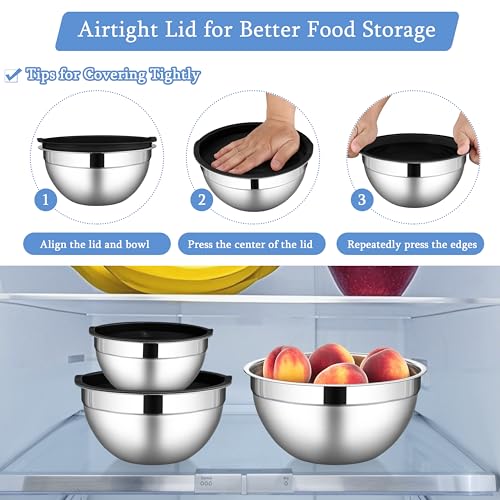 LIANYU Mixing Bowls with Lids Set of 3, Large & Small Stainless Steel Nesting Metal Bowls for Kitchen Storage, Dishwasher Safe, Size 1.5QT & 3QT & 4.6QT, Black