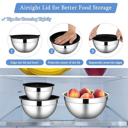 LIANYU Mixing Bowls with Lids Set of 3, Large & Small Stainless Steel Nesting Metal Bowls for Kitchen Storage, Dishwasher Safe, Size 1.5QT & 3QT & 4.6QT, Black
