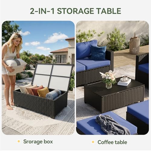 Aoxun 8 Piece Outdoor Patio Furniture Set 7 Seats, Outdoor Sectional with Thick Waterproof Cushions, Patio Conversation Sets for Garden,Backyard, Porch, Balcony, Deck, Black & Blue