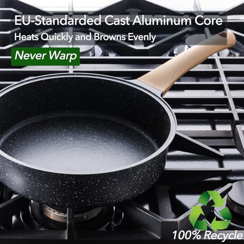 AnimoZest Nonstick Deep Frying Pan with Lid, 3.5 QT Swiss Granite Coating Sauté Pan, 10 Inch Healthy Non Stick Skillet Cooking Pan with Stay Cool Handles, PFOA Free, Induction Ready.