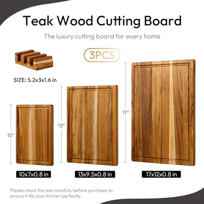 Bellsal 3 Pack Teak Wood Cutting Board Set for Kitchen Charcuterie Board Serving Heavy Duty Non Toxic Slip Over Sink Solid Thick Haus Wooden Chopping Board Large Big Small Meat Kitchen Essential Gift