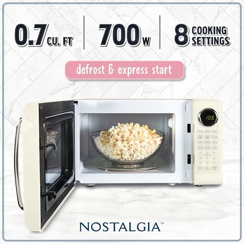 Nostalgia Retro 700W Microwave Oven 0.7 Cu Ft Capacity – Child Safety Lock, 8 Auto-Cook Settings – Countertop Kitchen Appliance – Ivory