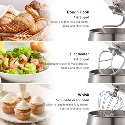 Newiceaid 6-Speed 5.3QT+3.2QT Two-Bowl Stand Mixer, Creamy White