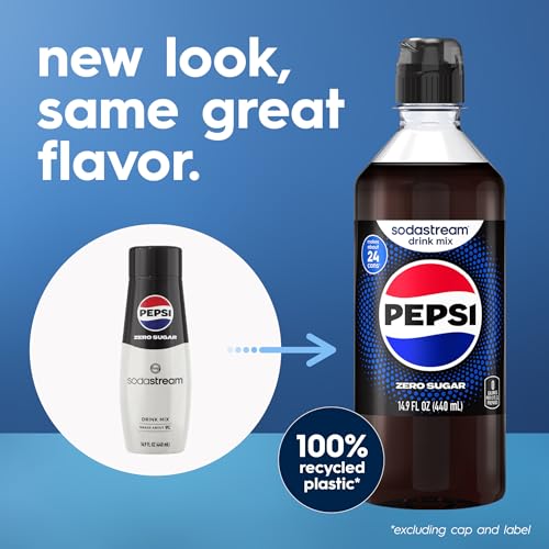 SodaStream Pepsi Zero Sugar Drink Mix, 4 Pack Cola Syrup for Sparkling Water Makers, Real Taste Pepsi Zero Syrup, Control Your Fizz with Soda Stream Flavors, 4 x 14.9 Fl Oz (440ml)