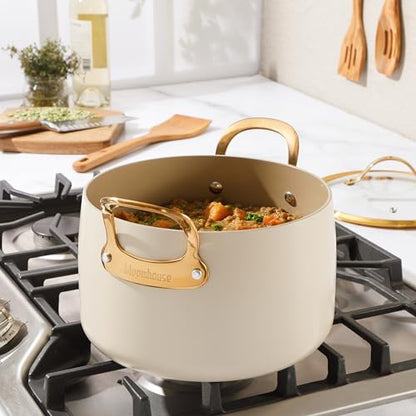 Bloomhouse - Two Time Oprah's Favorite Things Winner - 8 Quart Heavy Duty Aluminum Premium PFA Free Ceramic Nonstick Dutch Oven Pot with Lid - Almond Cream w/Gold Handle