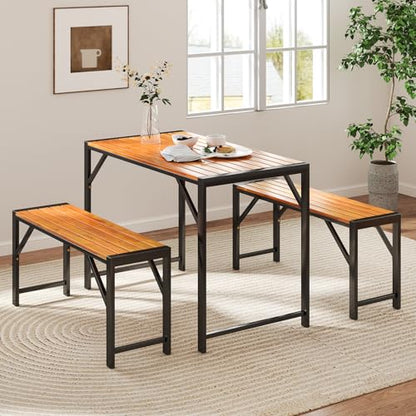Tangkula 3-Pieces Patio Dining Set for 4 People, Outdoor Picnic Table & 2 Benches, 44" Acacia Wood Dining Table w/Metal Frame, Space-Saving Dinette Set for Garden Porch Poolside Yard Balcony