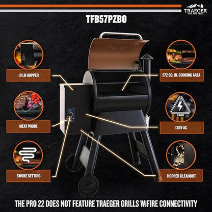 Traeger Grills Pro 22 Wood Pellet Grill & Smoker, Electric Pellet Smoker Grill Combo, 6-in-1 BBQ Versatility, 572 sq. in. Grilling Capacity, Meat Probe, 450 Degree Max Temperature, 18LB Hopper, Bronze