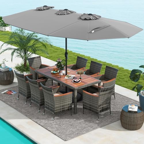 Tangkula 10 Pieces Patio Wicker Dining Set w/Double-Sided Patio Umbrella, Outdoor Acacia Wood Furniture Set w/ 8 Armchairs, 71” Dining Table & 15 ft Umbrella with Weighted Base (Gray)