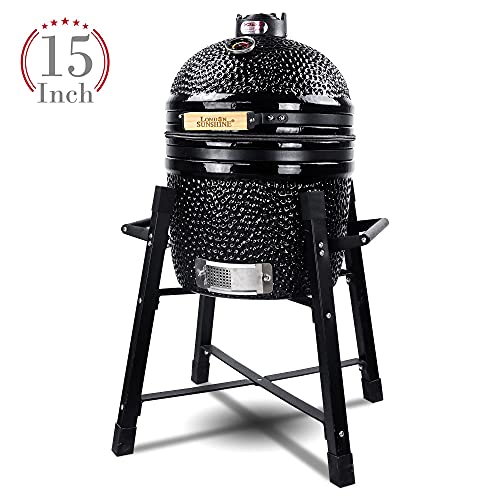 London Sunshine Ceramic Kamado Charcoal BBQ Grill and Smoker, Stainless Steel Grates -15" Ceramic with Tall Stand (BLACK)