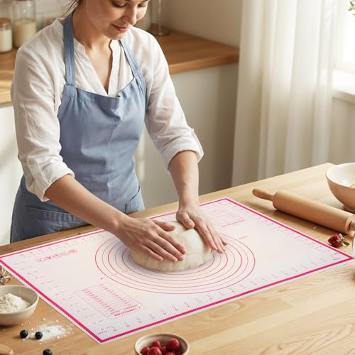 Hadnves Silicone Baking Mat 23.6" × 15.7" Extra Large Pastry Dough Mat with Measurements For Rolling Dough Bread Pizza Pie Crust Fondant Making Oven Liner Kitchen Counter Non-Slip Non Stick Reusable