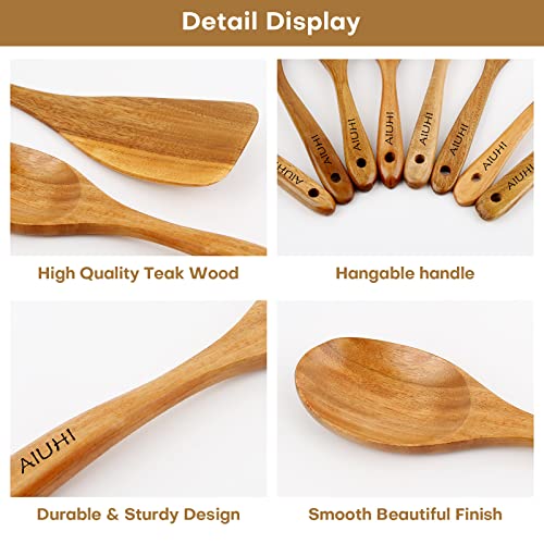 Wood Spoons for Cooking,Nonstick Kitchen Utensil Set,Wooden Spoons Cooking Utensil Set Non Scratch Natural Teak Wooden Utensils for Cooking(Teak 8 Pack)