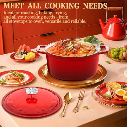 DUTZUN Enameled Cast Iron Dutch Oven - 5 Quart, Exclusive Designed Crab Lid (Patent Pending), Oversized Knob, for Bread Baking Braiser, Cooking Stock Pot - Red