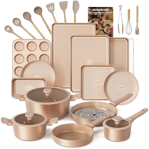 HONGBAKE Pots and Pans Set Nonstick, 26 Pcs All-in-One Kitchen Starter Set with Cookware, Bakeware & Silicone Utensils, Non Toxic Ceramic Coating, Induction & Oven Safe, PFOA PFOS Free, Gold