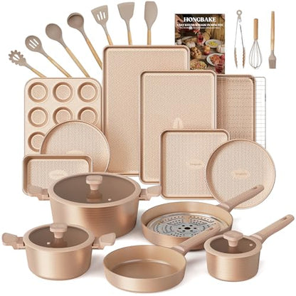 HONGBAKE Pots and Pans Set Nonstick, 26 Pcs All-in-One Kitchen Starter Set with Cookware, Bakeware & Silicone Utensils, Non Toxic Ceramic Coating, Induction & Oven Safe, PFOA PFOS Free, Gold